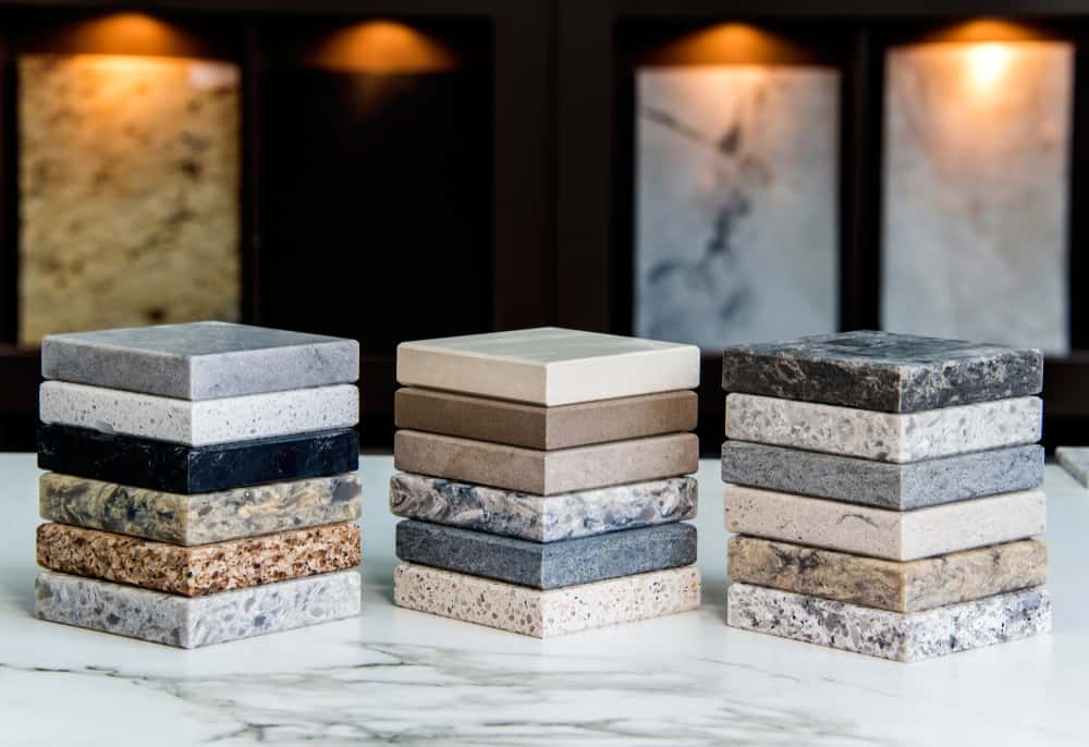 Granite and quartz countertop stacked samples